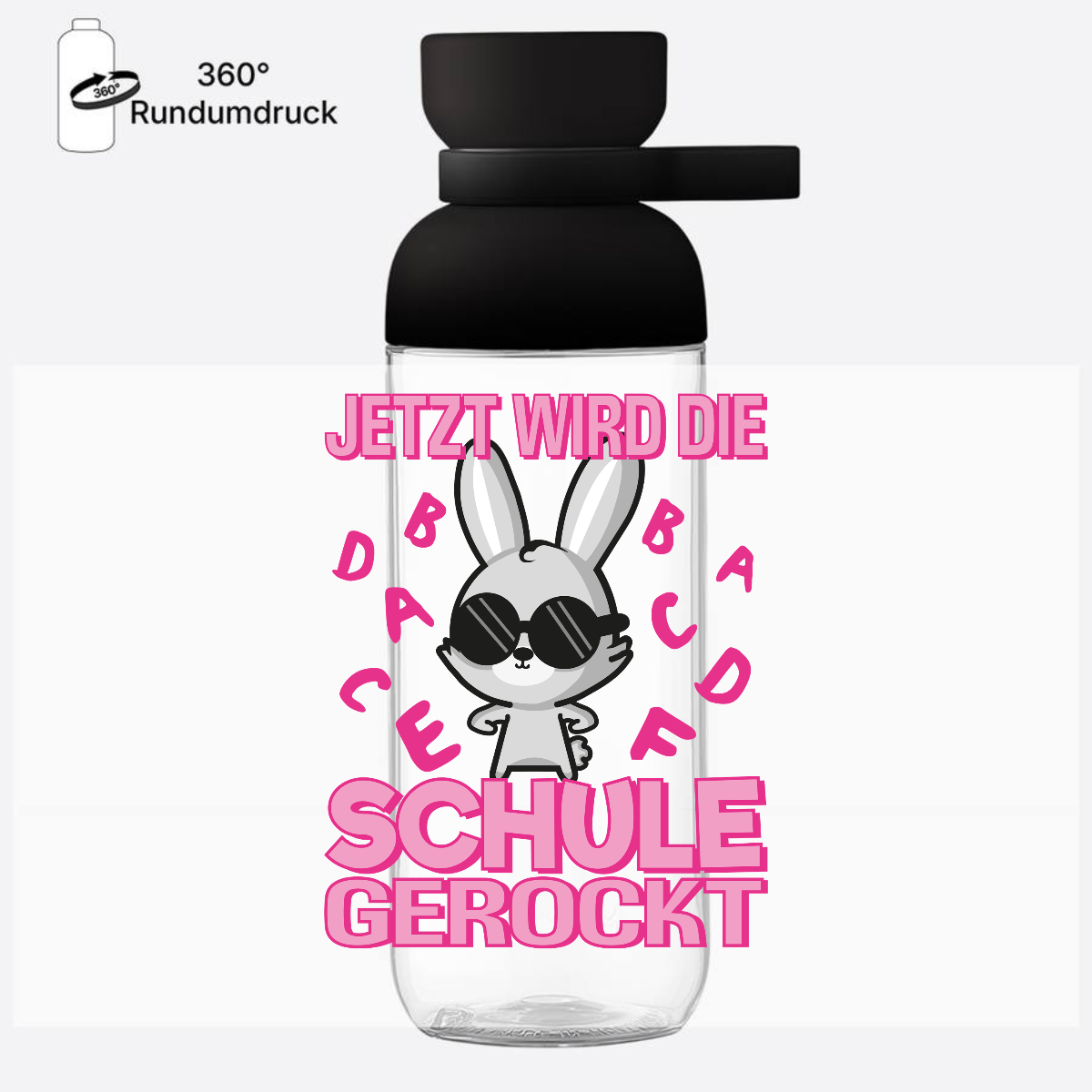 Personalisierte Trinkflasche zur Einschulung – Schule gerockt Hase - Nordic Black
