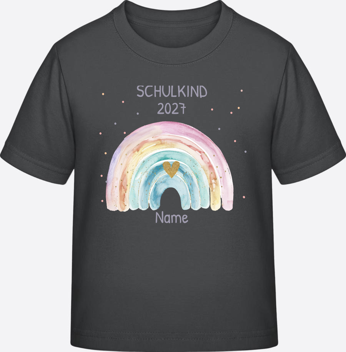 Personalisiertes Schulkind T-Shirt mit Namen & Regenbogen - Anthracite