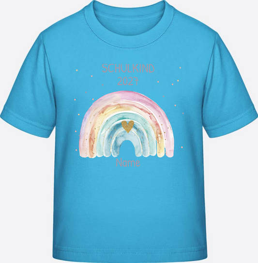 Personalisiertes Schulkind T-Shirt mit Namen & Regenbogen - Aqua Blue