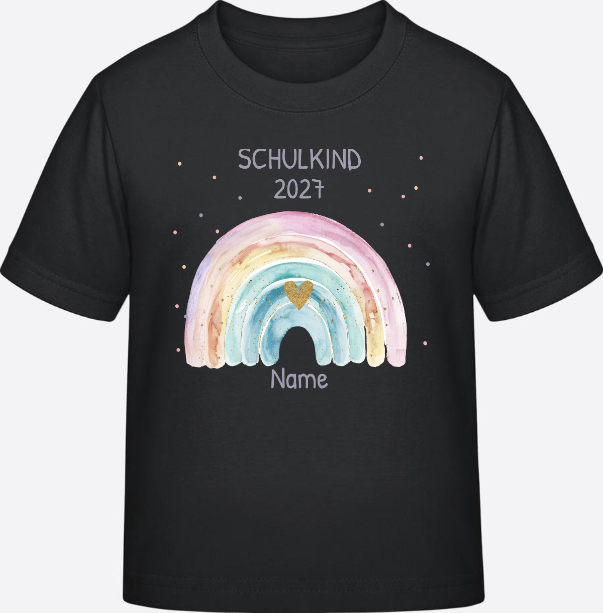 Personalisiertes Schulkind T-Shirt mit Namen & Regenbogen - Black
