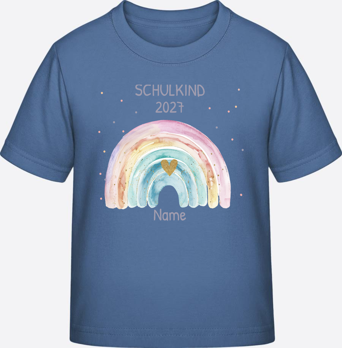 Personalisiertes Schulkind T-Shirt mit Namen & Regenbogen - Bright Blue