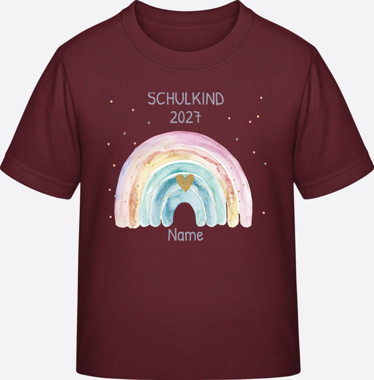 Personalisiertes Schulkind T-Shirt mit Namen & Regenbogen - Burgundy