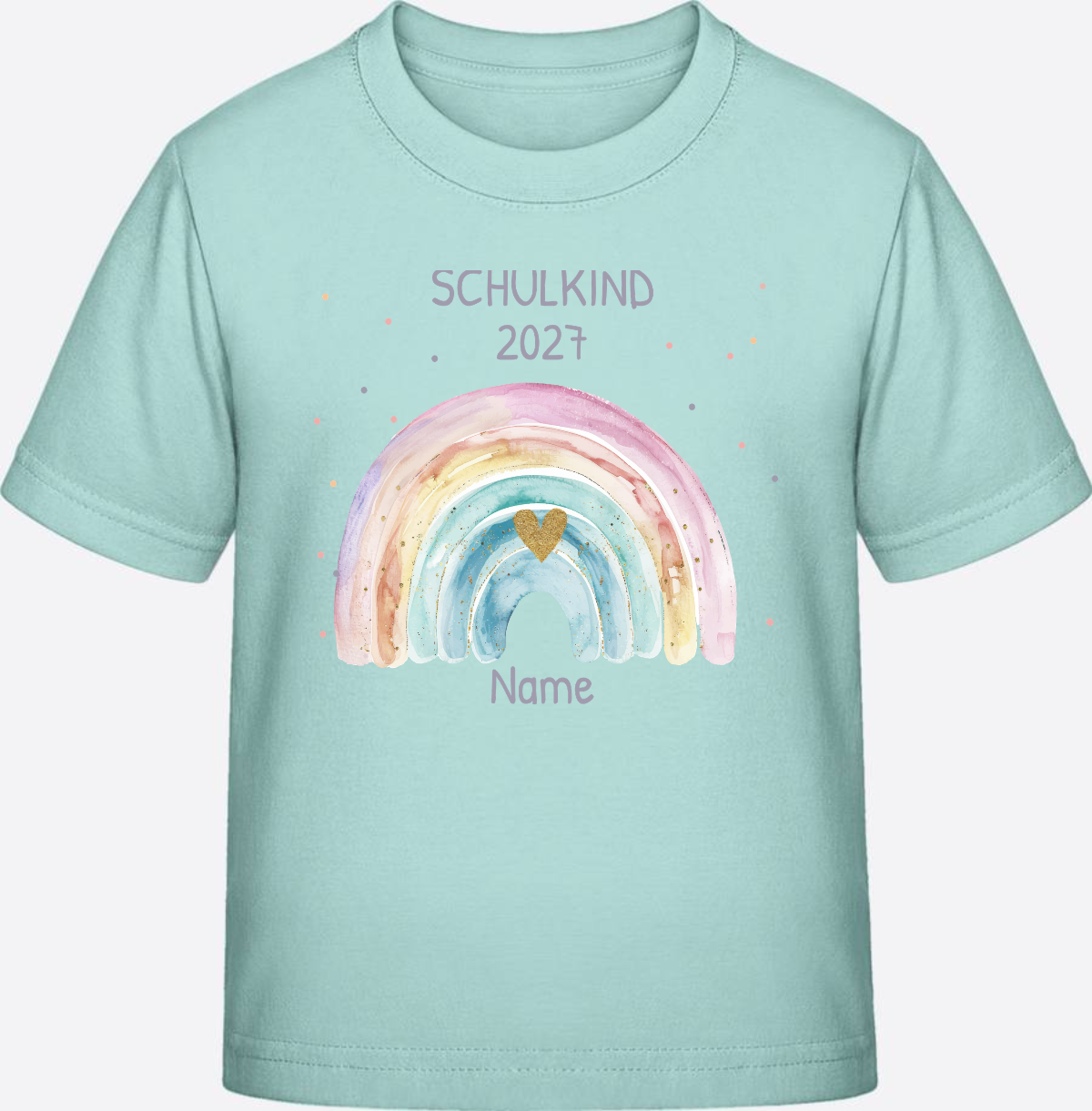 Personalisiertes Schulkind T-Shirt mit Namen & Regenbogen - Caribbean Blue