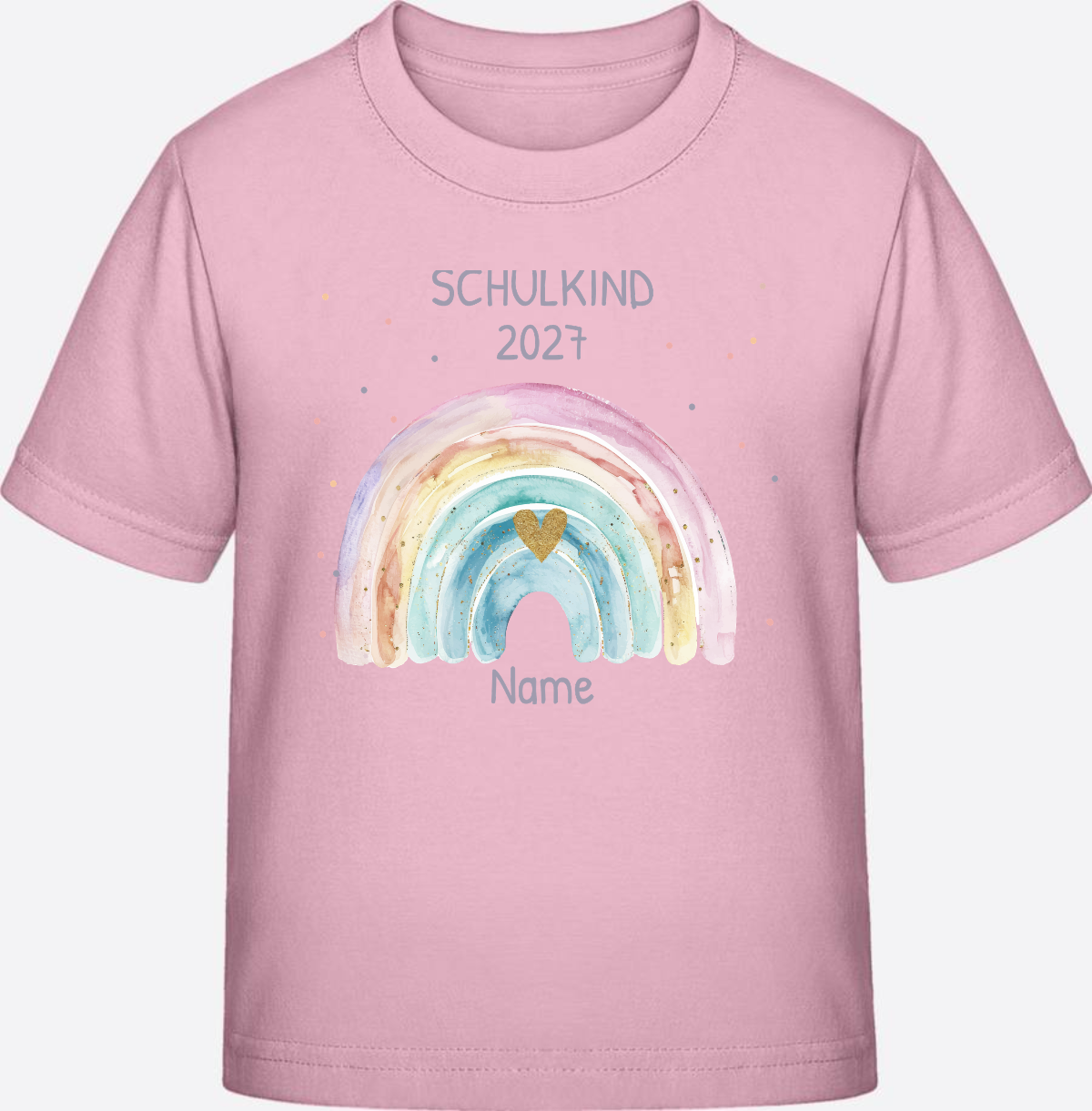 Personalisiertes Schulkind T-Shirt mit Namen & Regenbogen - Cotton Pink