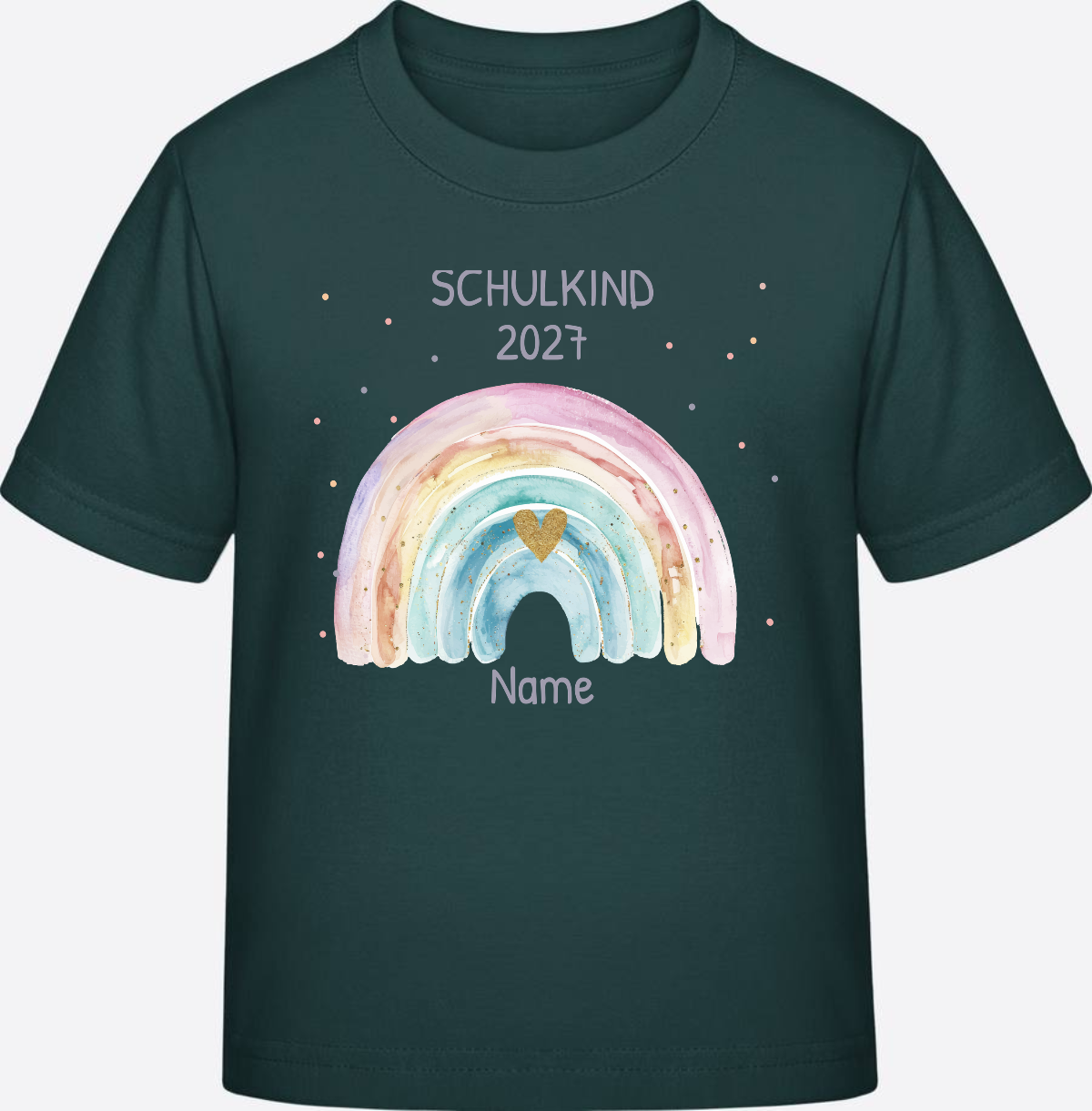 Personalisiertes Schulkind T-Shirt mit Namen & Regenbogen - Glazed Green