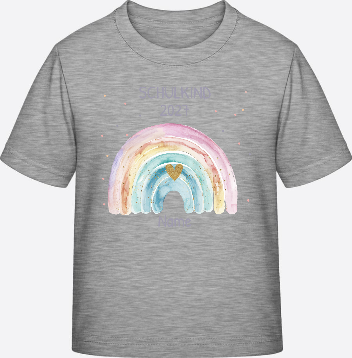 Personalisiertes Schulkind T-Shirt mit Namen & Regenbogen - Heather Grey