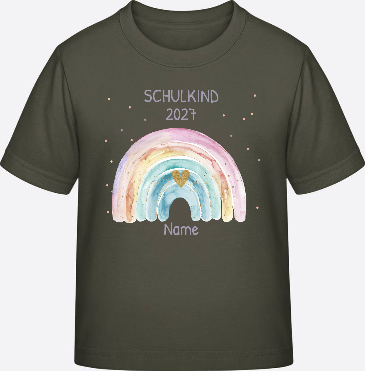Personalisiertes Schulkind T-Shirt mit Namen & Regenbogen - Khaki