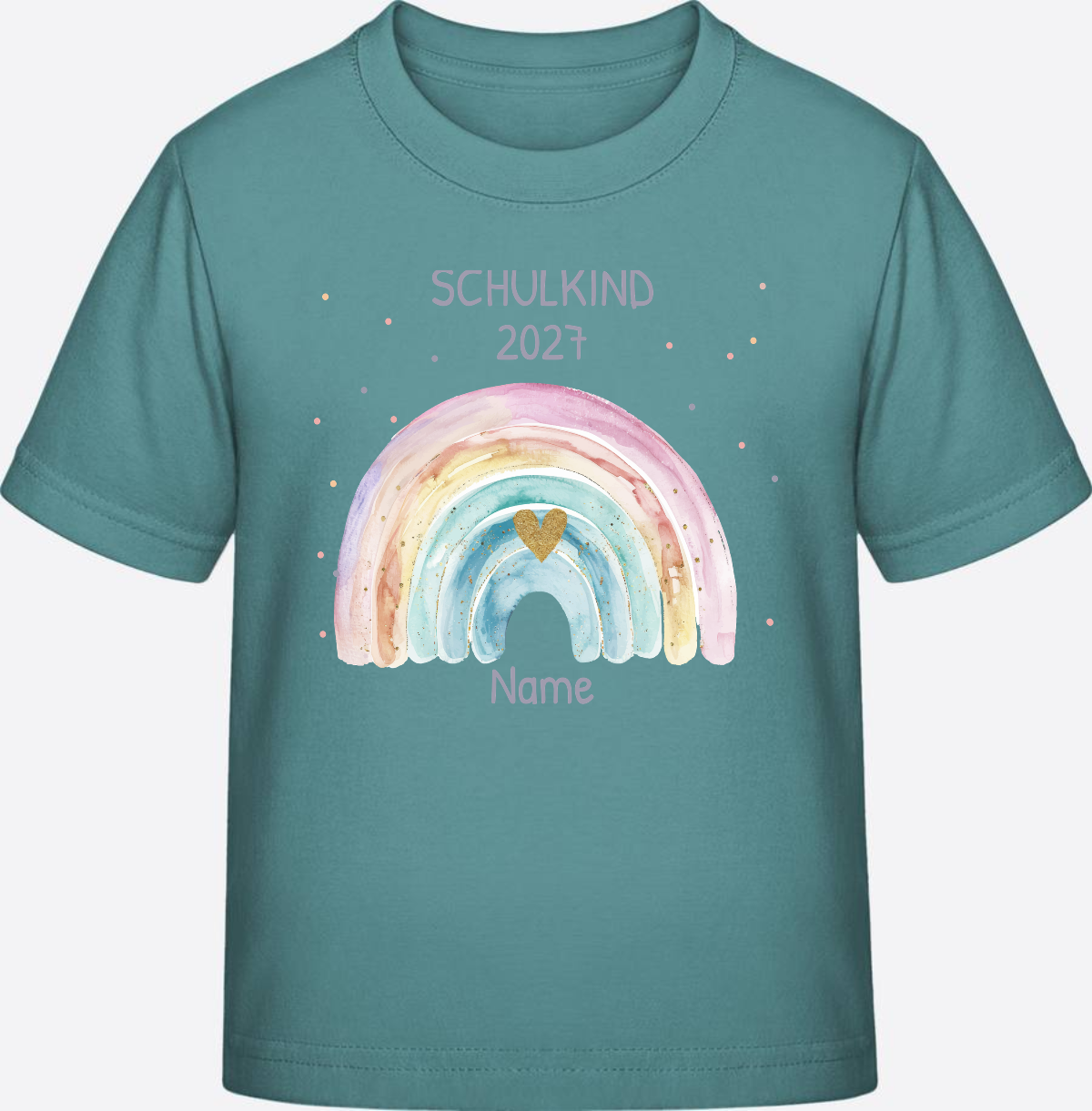 Personalisiertes Schulkind T-Shirt mit Namen & Regenbogen - Teal Monstera
