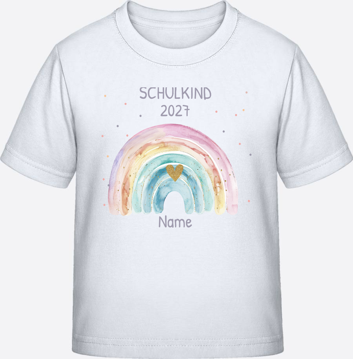 Personalisiertes Schulkind T-Shirt mit Namen & Regenbogen - White