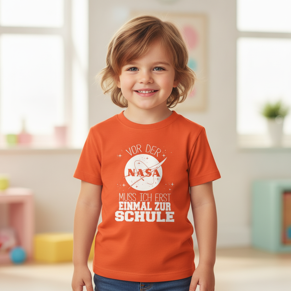 Kinder T-Shirt Einschulung NASA – Vor der NASA muss ich erst zur Schule