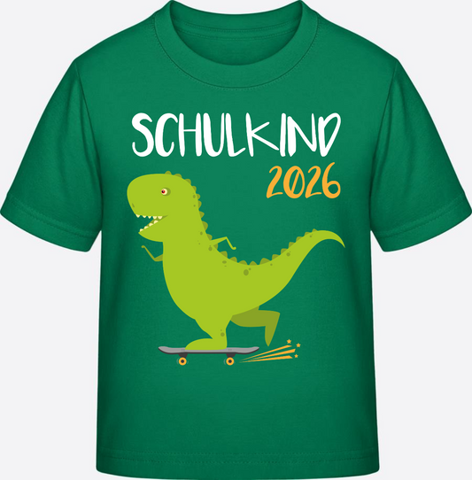 Schulkind 2025 T-Shirt – Cooler Skater-Dino mit Wunschnamen - Kelly Green