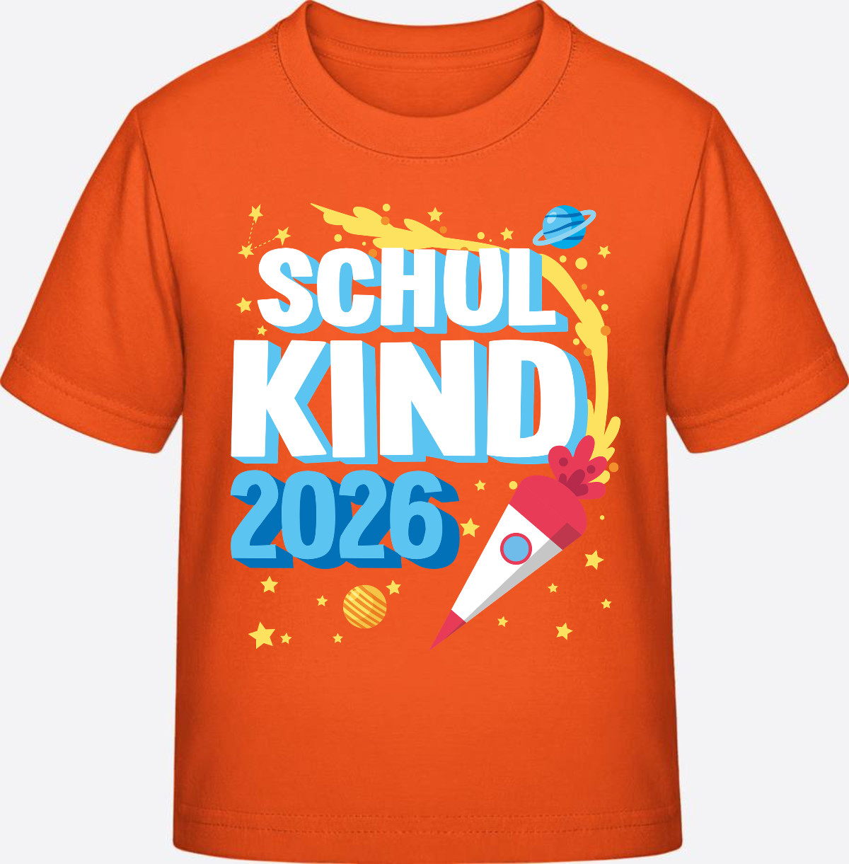 Schulkind 2025 T-Shirt Rakete schwarz – mit Wunschnamen - Orange