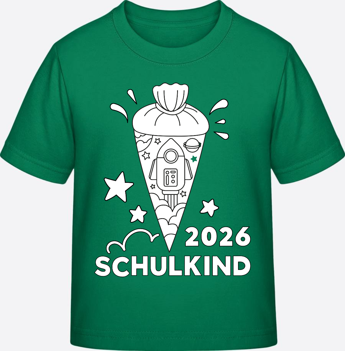 Schulkind 2025 T-Shirt Rakete zum Ausmalen mit Name - Kelly Green