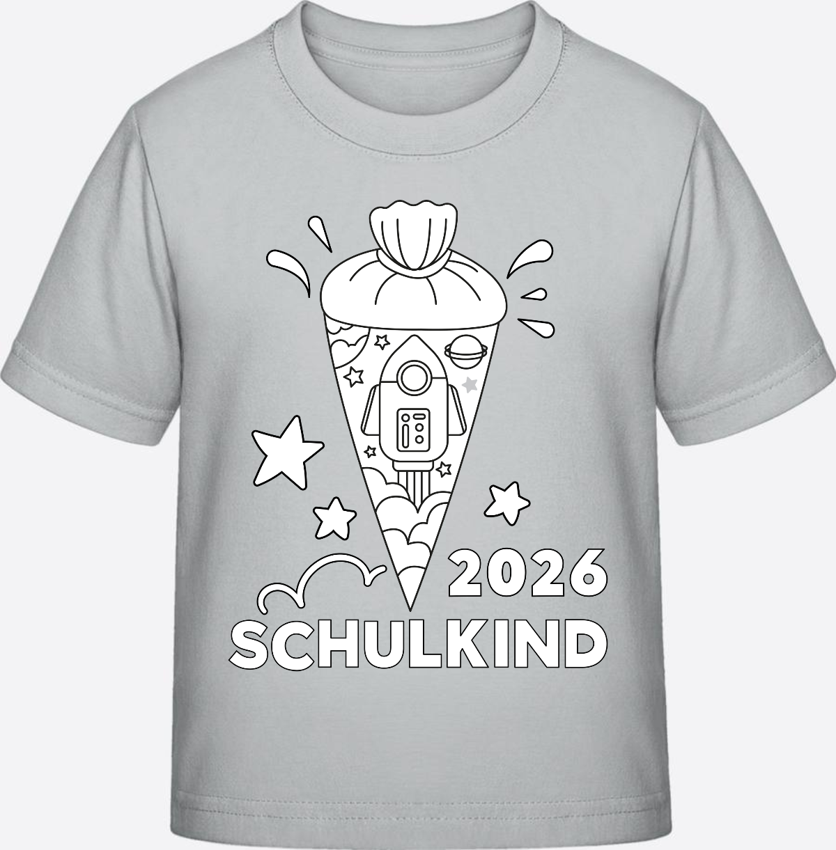 Schulkind 2025 T-Shirt Rakete zum Ausmalen mit Name - Pacific Grey