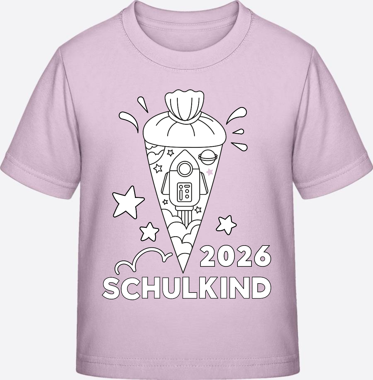 Schulkind 2025 T-Shirt Rakete zum Ausmalen mit Name - Pink Sixties