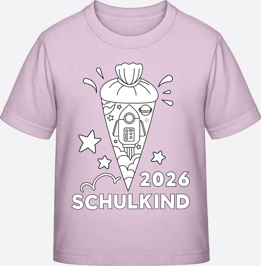 Schulkind 2025 T-Shirt Rakete zum Ausmalen mit Name - Pink Sixties
