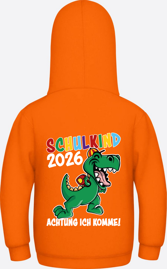 Schulkind 2026 Dino Kinder-Hoodie – Personalisiert mit Name - Orange Crush