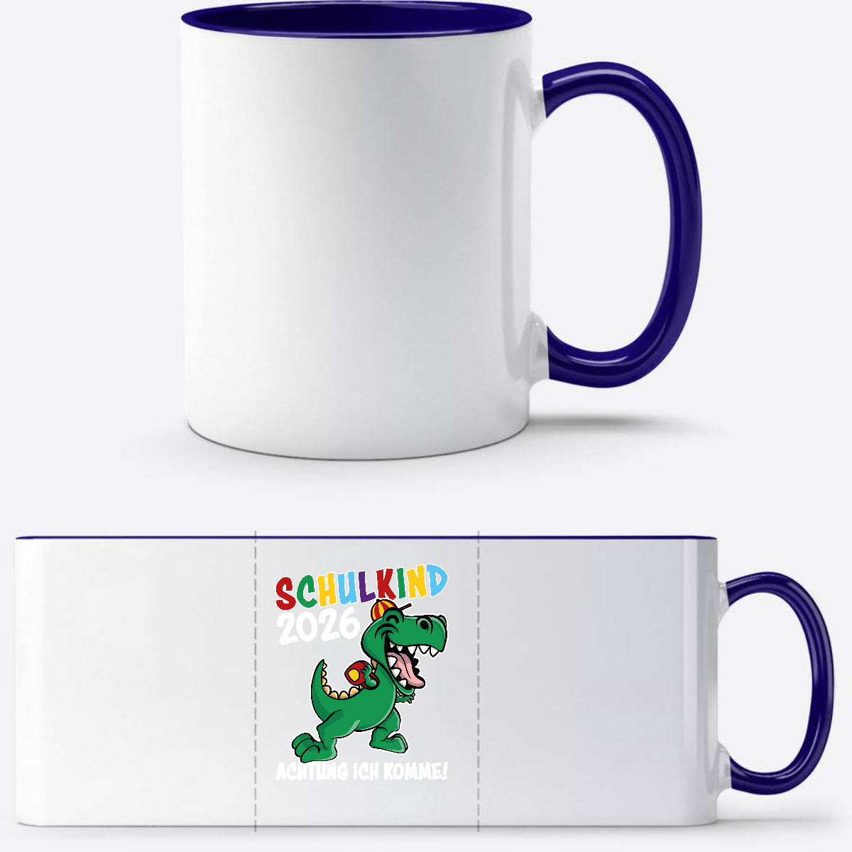 Schulkind 2026 Dino Tasse – Personalisiert mit Namen - Weiß/Dunkelblau