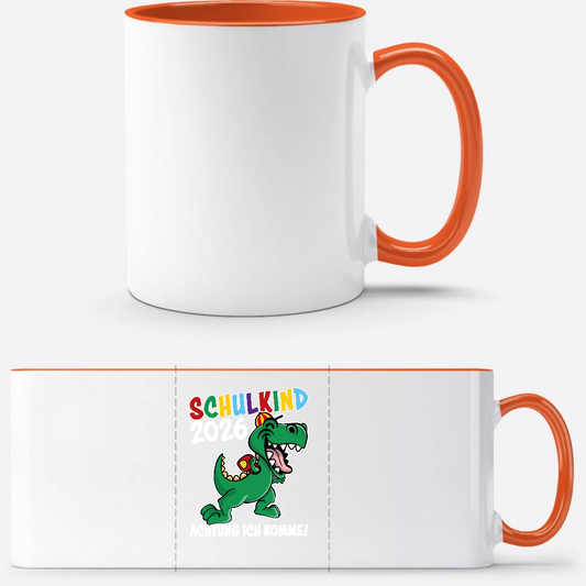 Schulkind 2026 Dino Tasse – Personalisiert mit Namen - Weiß/Orange
