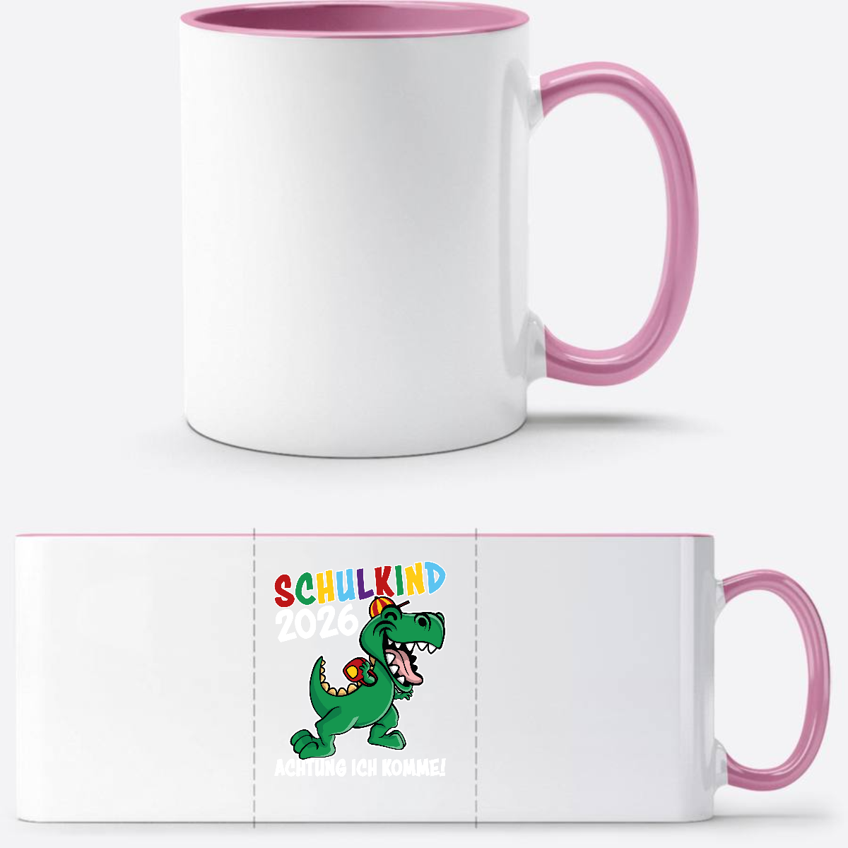 Schulkind 2026 Dino Tasse – Personalisiert mit Namen - Weiss/Rosa