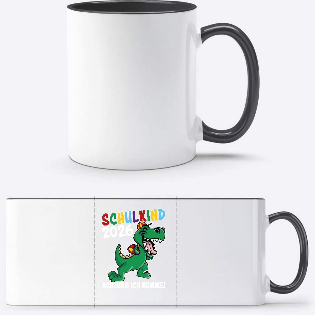 Schulkind 2026 Dino Tasse – Personalisiert mit Namen - Weiß/Schwarz