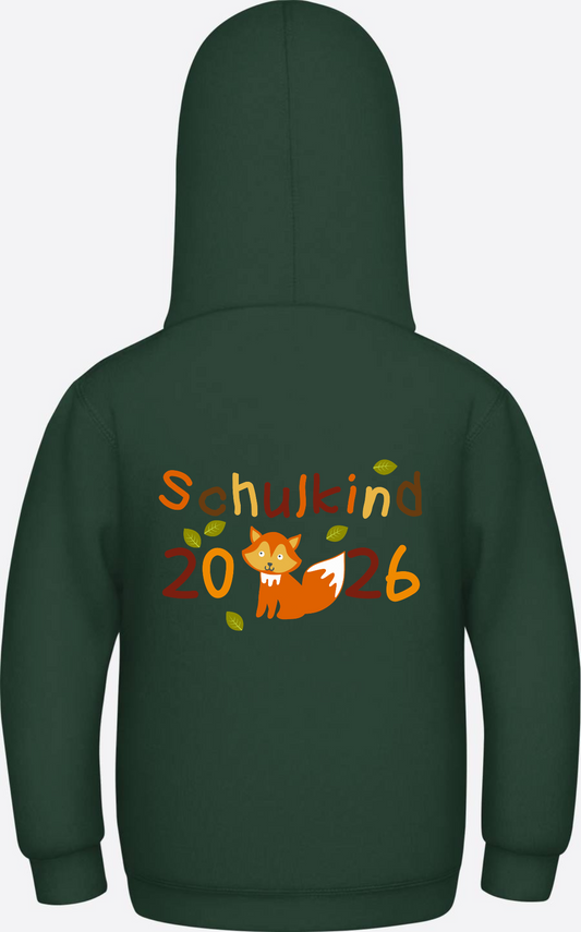 Schulkind 2026 Fuchs Kinder-Hoodie mit Wunschname - Bottle Green