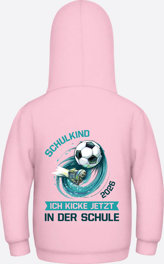 Schulkind 2026 Fußball Hoodie – Ich kicke jetzt in der Schule - Baby Pink