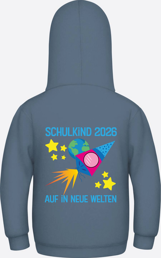 Schulkind 2026 Hoodie – Auf in neue Welten personalisiert - Airforce Blue