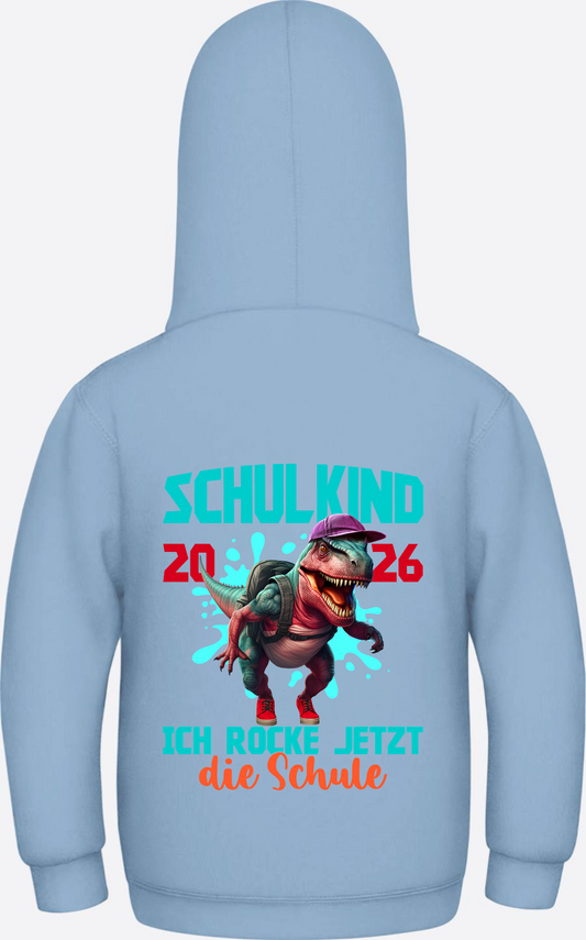 Schulkind 2026 Hoodie – Dino T-Rex Ich rocke die Schule - Sky Blue