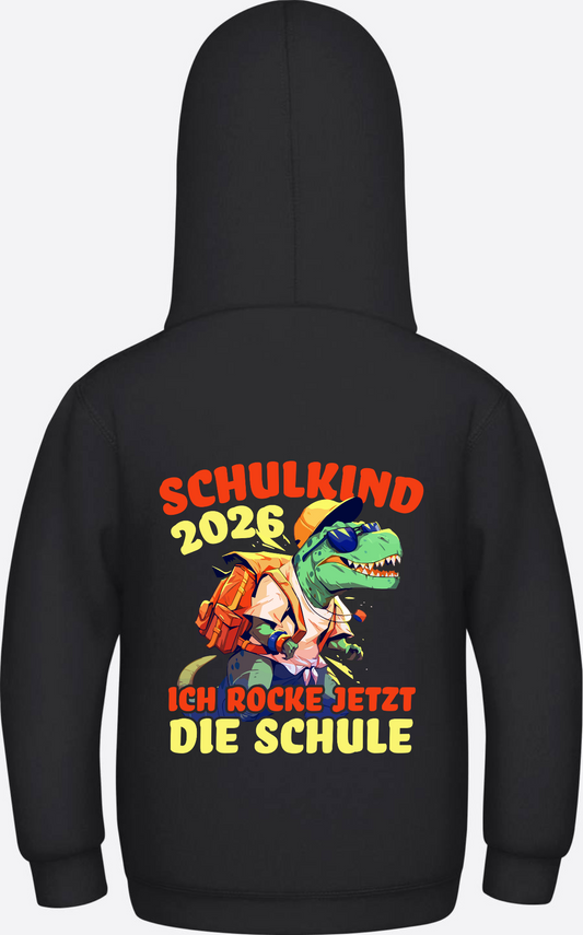 Schulkind 2026 Hoodie – Ich rocke die Schule T-Rex Dino - Jet Black
