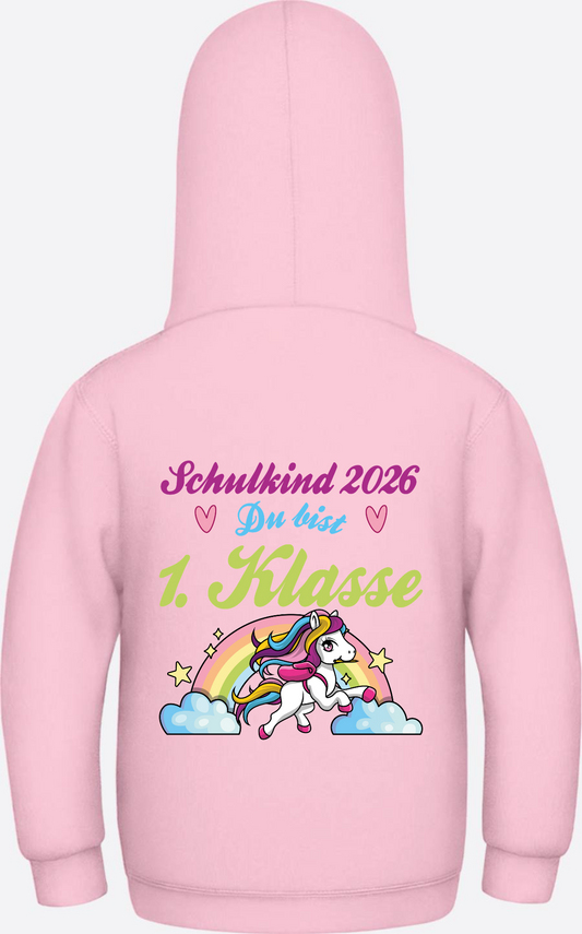Schulkind 2026 Hoodie – Pferd & Regenbogen 1. Klasse - Baby Pink