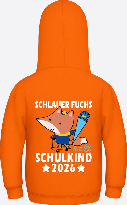 Schulkind 2026 Kinder-Hoodie – Schlauer Fuchs mit Namen - Orange Crush