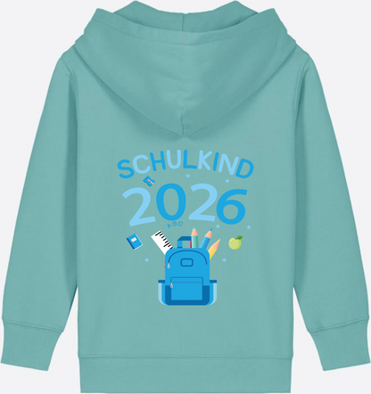 Schulkind 2026 Kinder Zip-Hoodie mit Wunschnamen - Teal Monstera