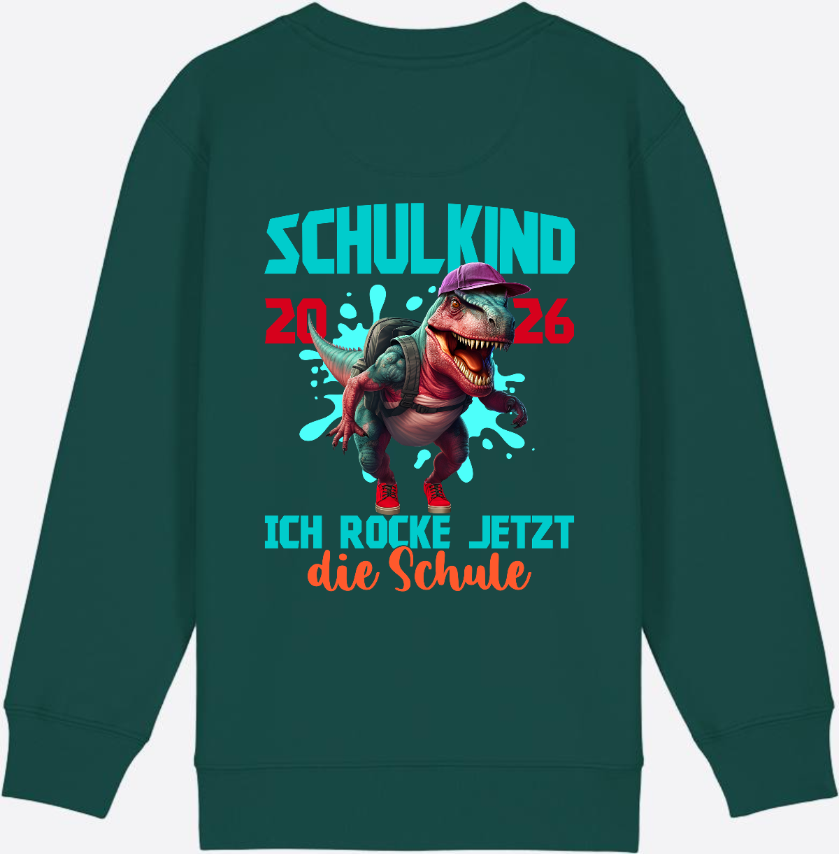 Schulkind 2026 Sweatshirt – Dino T-Rex Ich rocke die Schule - Glazed Green