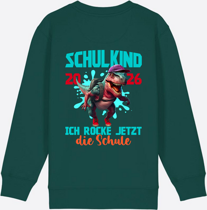 Schulkind 2026 Sweatshirt – Dino T-Rex Ich rocke die Schule - Glazed Green