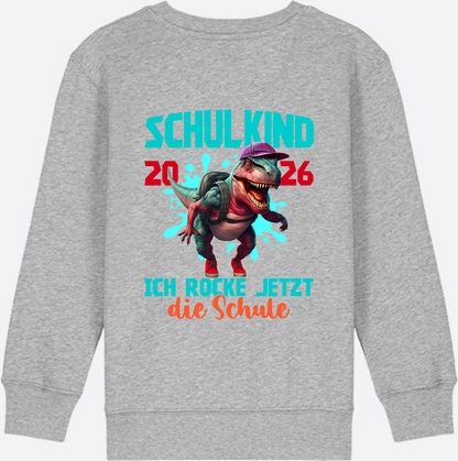 Schulkind 2026 Sweatshirt – Dino T-Rex Ich rocke die Schule - Heather Grey