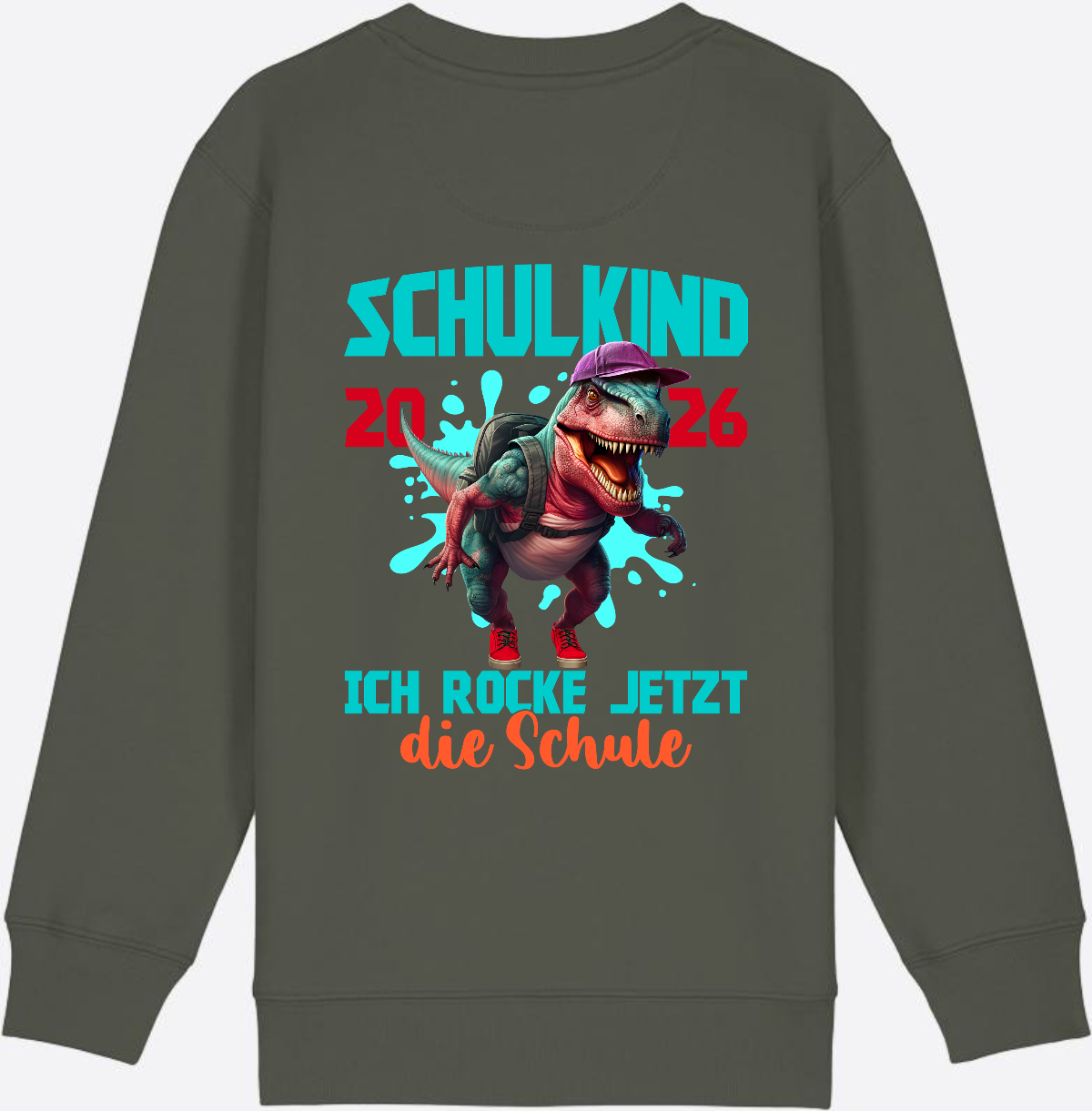 Schulkind 2026 Sweatshirt – Dino T-Rex Ich rocke die Schule - Khaki