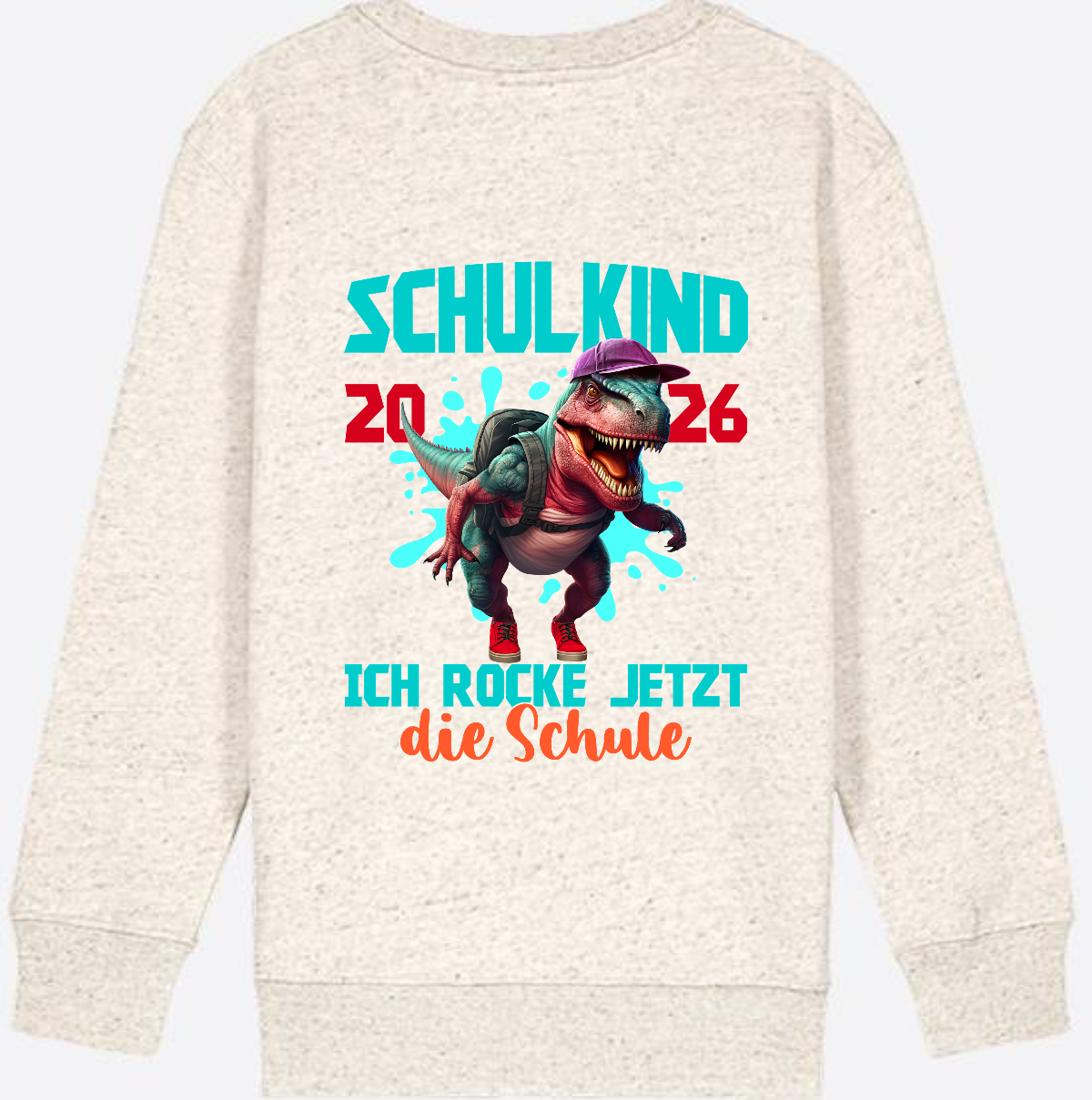 Schulkind 2026 Sweatshirt – Dino T-Rex Ich rocke die Schule - Natural Raw