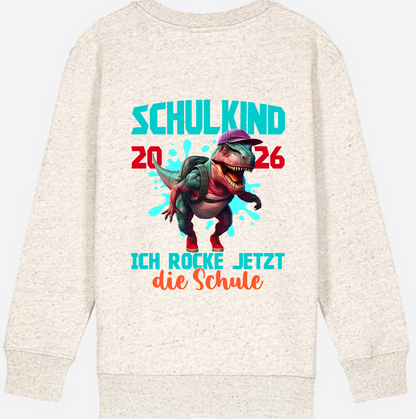 Schulkind 2026 Sweatshirt – Dino T-Rex Ich rocke die Schule - Natural Raw