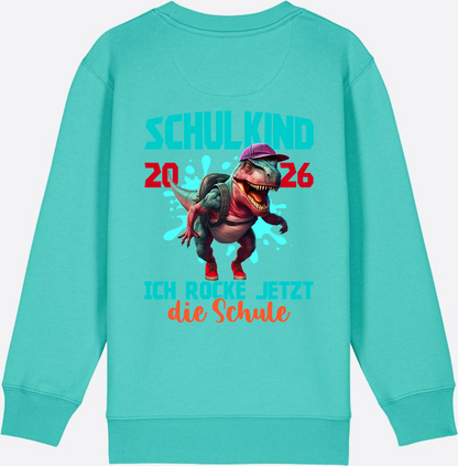 Schulkind 2026 Sweatshirt – Dino T-Rex Ich rocke die Schule - Pool Blue