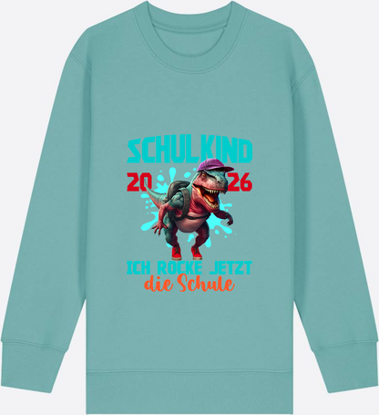 Schulkind 2026 Sweatshirt – Dino T-Rex Ich rocke die Schule - Teal Monstera Herzseite