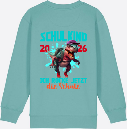 Schulkind 2026 Sweatshirt – Dino T-Rex Ich rocke die Schule - Teal Monstera