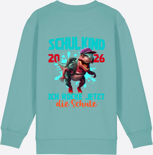Schulkind 2026 Sweatshirt – Dino T-Rex Ich rocke die Schule - Teal Monstera