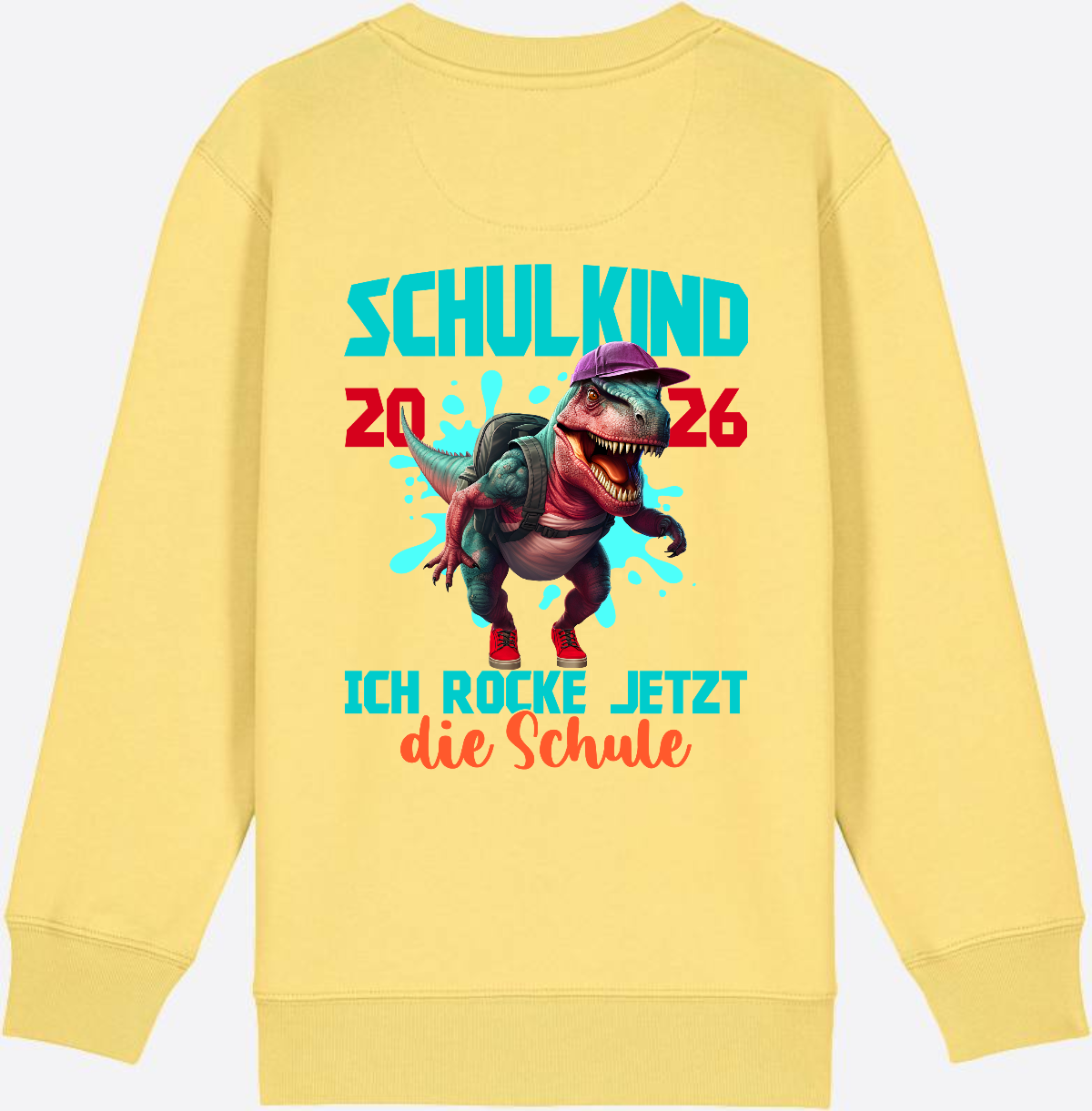 Schulkind 2026 Sweatshirt – Dino T-Rex Ich rocke die Schule - Viva Yellow