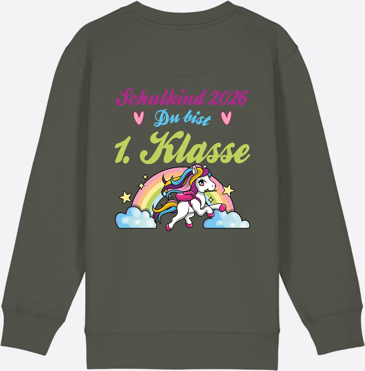 Schulkind 2026 Sweatshirt – Pferd & Regenbogen - Khaki