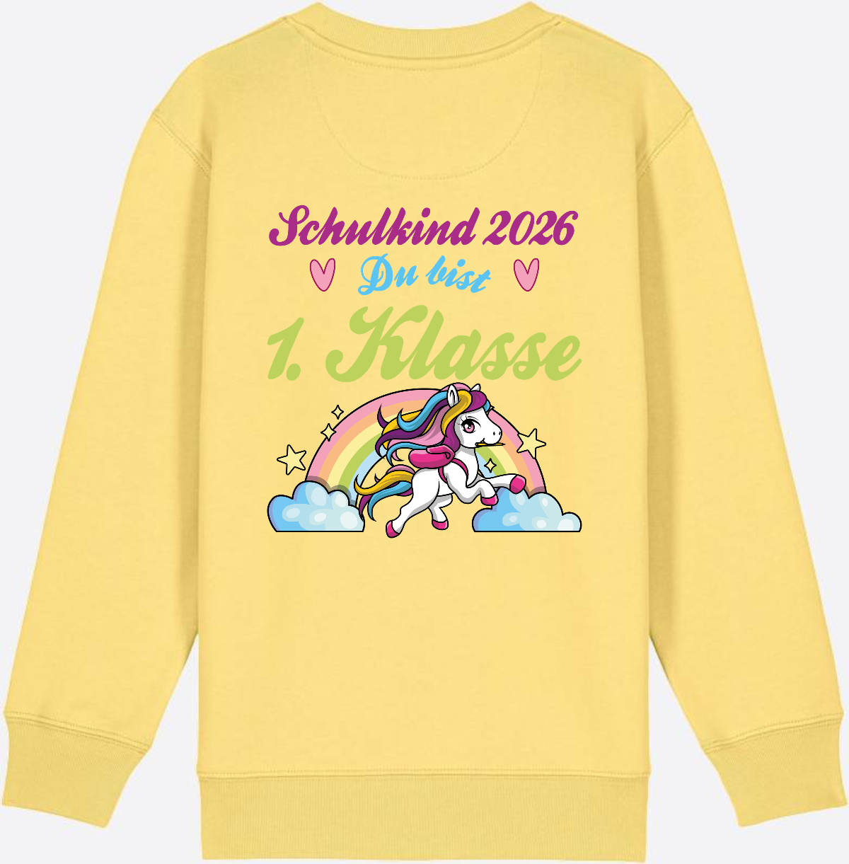 Schulkind 2026 Sweatshirt – Pferd & Regenbogen - Viva Yellow