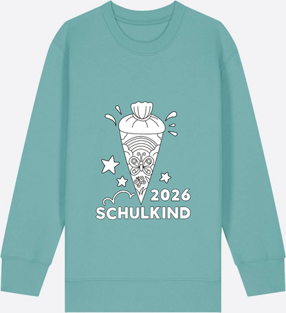 Schulkind 2026 Sweatshirt: Regenbogen Schultüte zum Ausmalen - Teal Monstera Herzseite