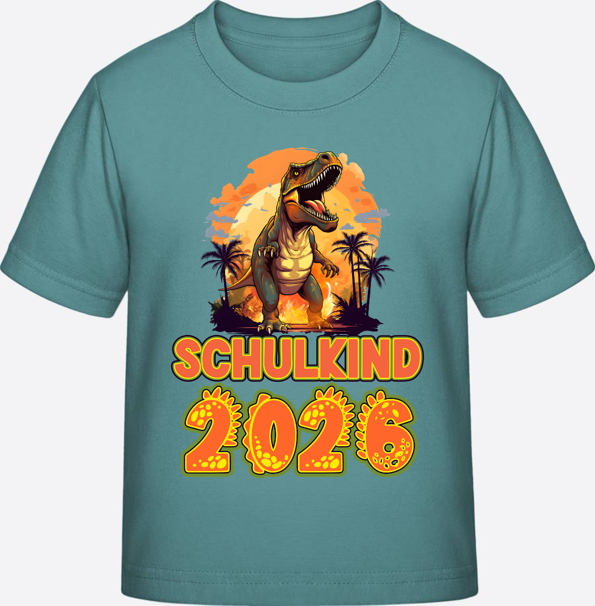 Schulkind 2026 T-Shirt Dino – Personalisiert mit Namen - Teal Monstera