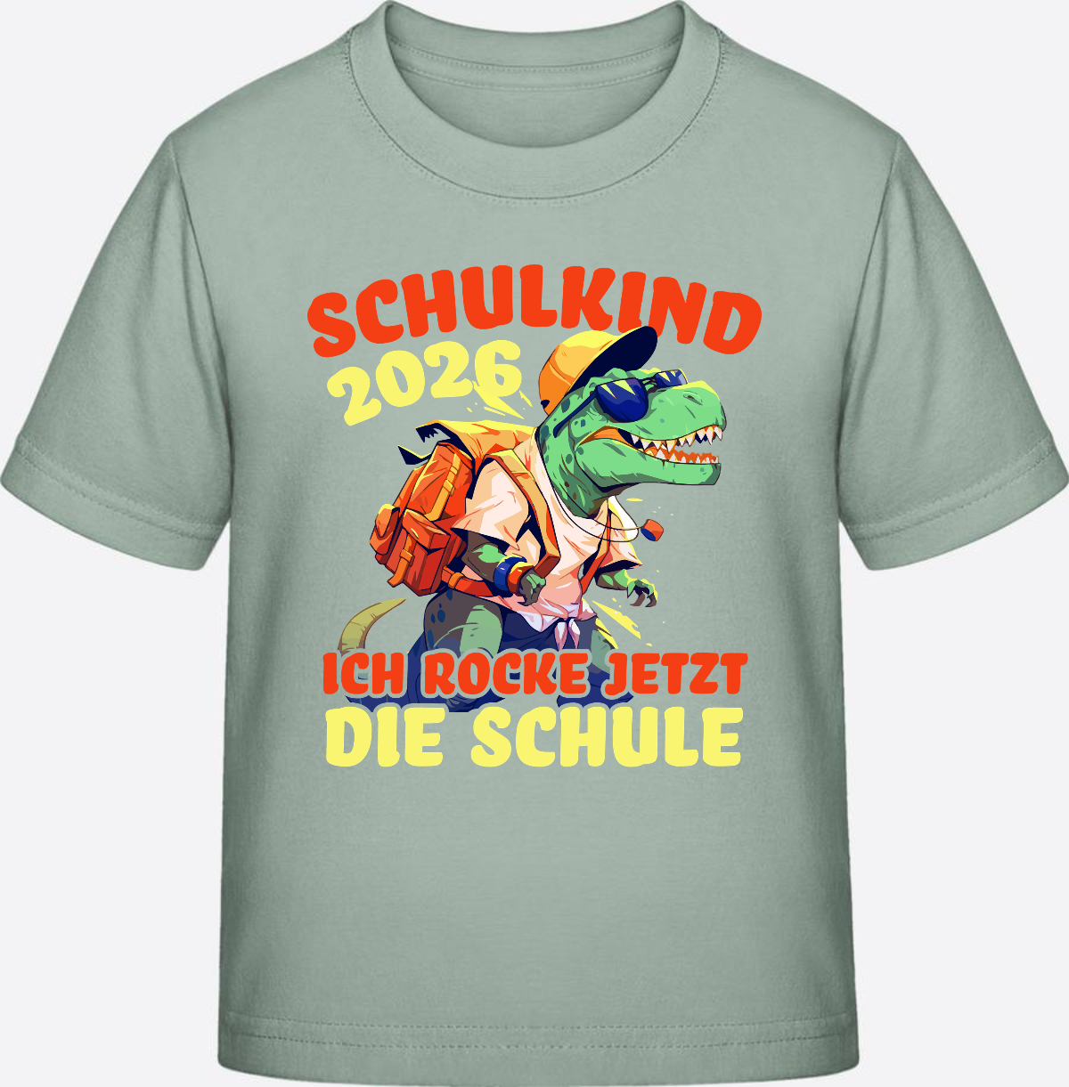Schulkind 2026 T-Shirt: Ich rocke die Schule T-Rex Dino - Aloe