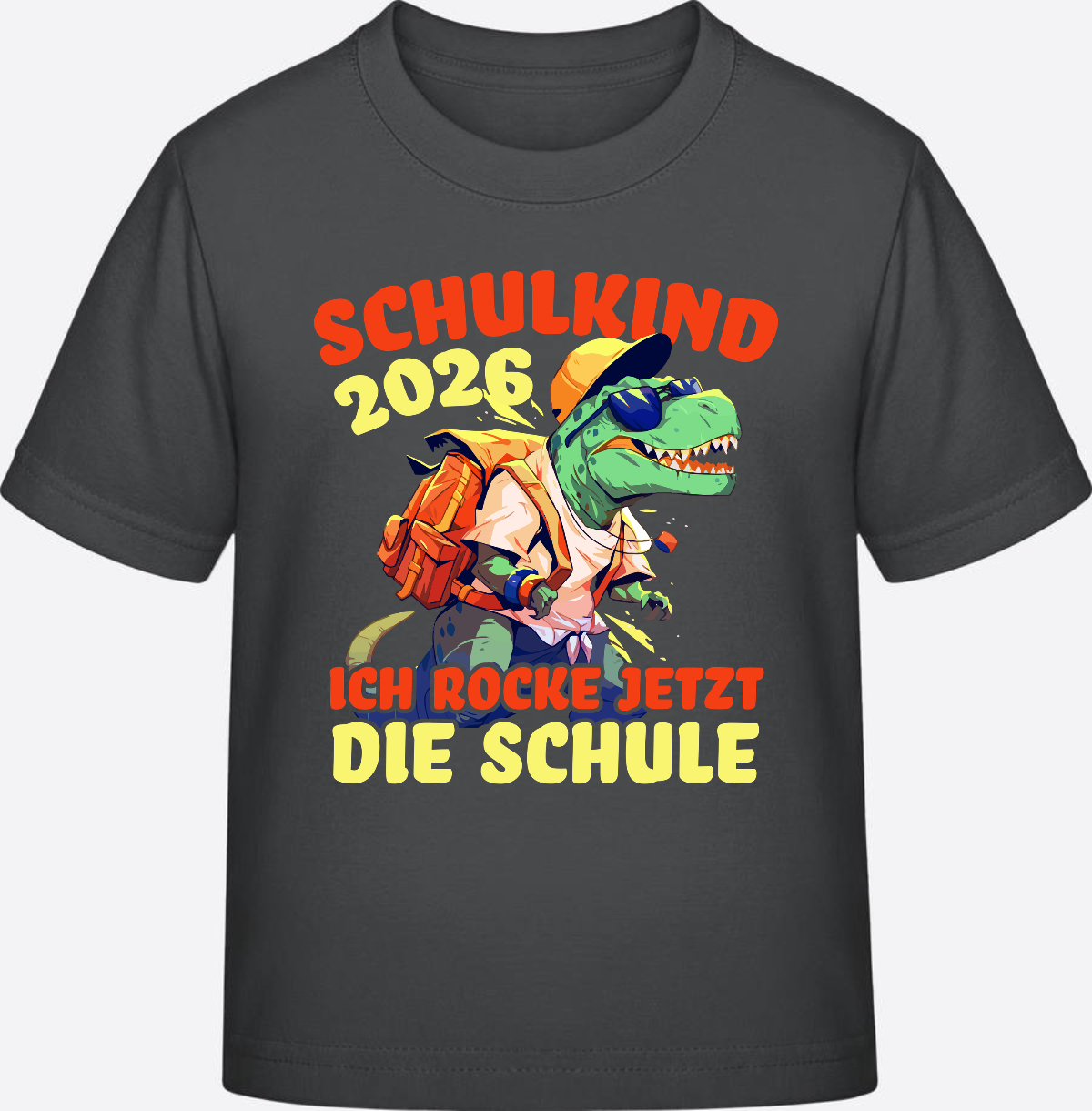 Schulkind 2026 T-Shirt: Ich rocke die Schule T-Rex Dino - Anthracite